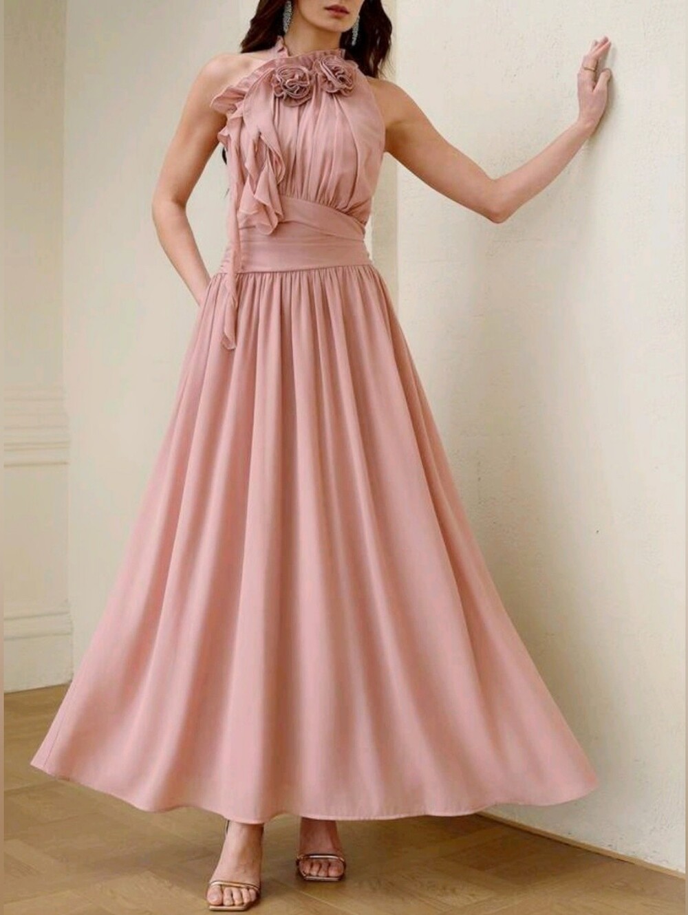 New Flowy Chiffon Rosette Halter Long Dress Ruched Sleeveless Pink